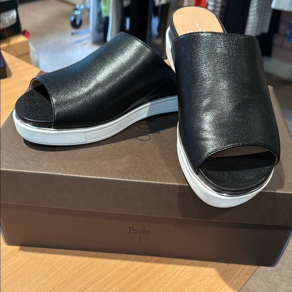 Paolo Black Leather Slide Sandals